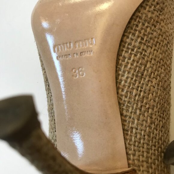 Miu Miu Tela Chic Pumps Heels Womens 36 6 Natural Beige Black Pointed Toe Jute - Picture 8 of 9